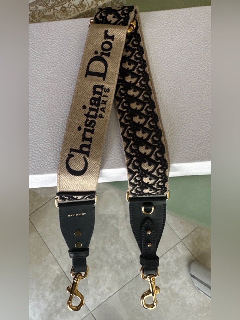 Navy & Cream/ Ivory Jacquard and Leather Monogram Replacement Strap - Full Set - Picture 3 of 7